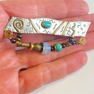 Vintage Modernist Brooch Pin Mixed Metals Signed Q Miller Glass Stone Beads West
